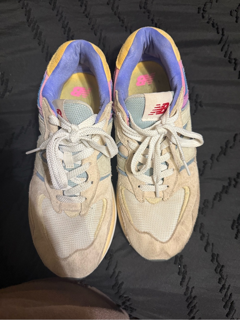 New Balance 57/40 Women's Beige Sneakers with Pastel Purple & Yellow Accents